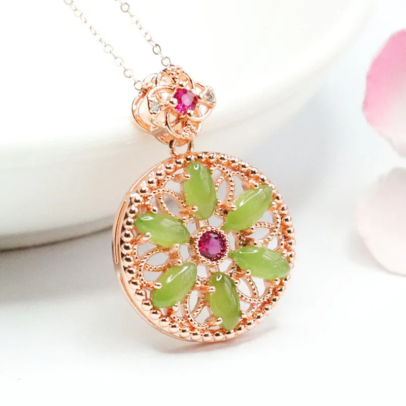 Jade Hollow Flower Necklace with Marquise Circle Design