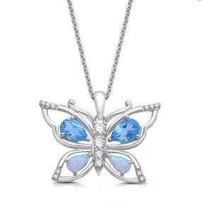 Jewelili Sterling Silver Created Opal With Swiss Blue Topaz and Diamonds Butterfly Pendant Necklace