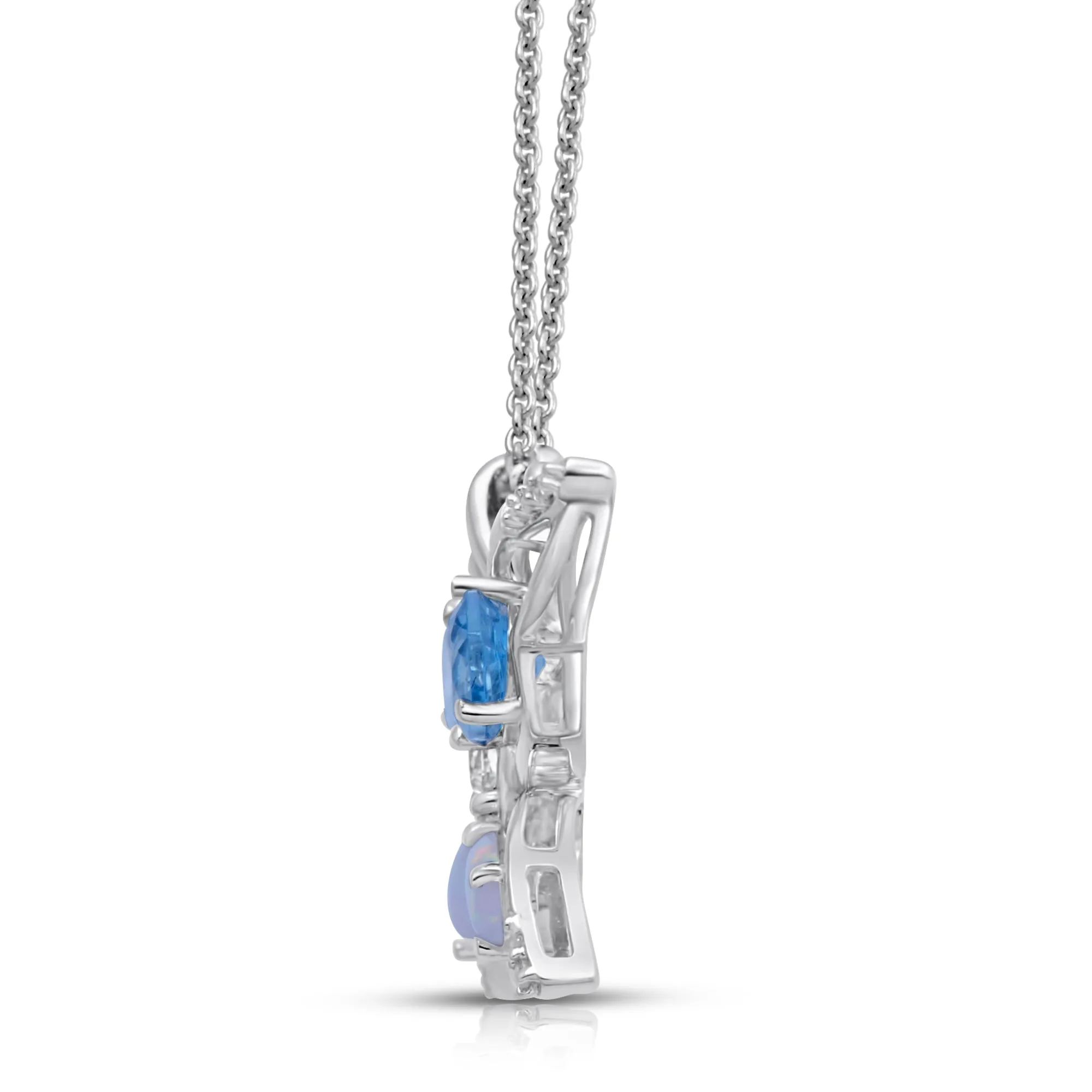 Jewelili Sterling Silver Created Opal With Swiss Blue Topaz and Diamonds Butterfly Pendant Necklace