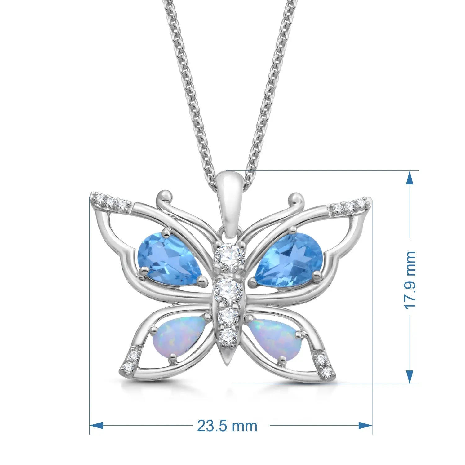 Jewelili Sterling Silver Created Opal With Swiss Blue Topaz and Diamonds Butterfly Pendant Necklace