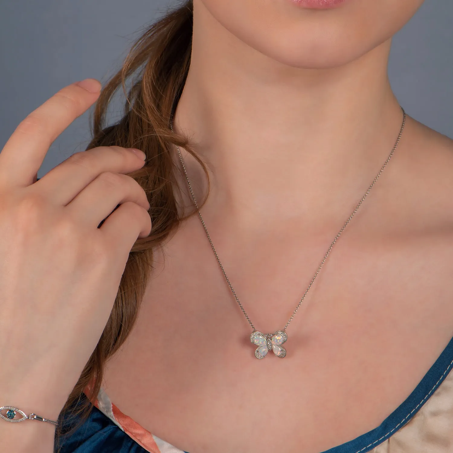 Jewelili Sterling Silver With Created Opal and Created White Sapphire Butterfly Pendant Necklace