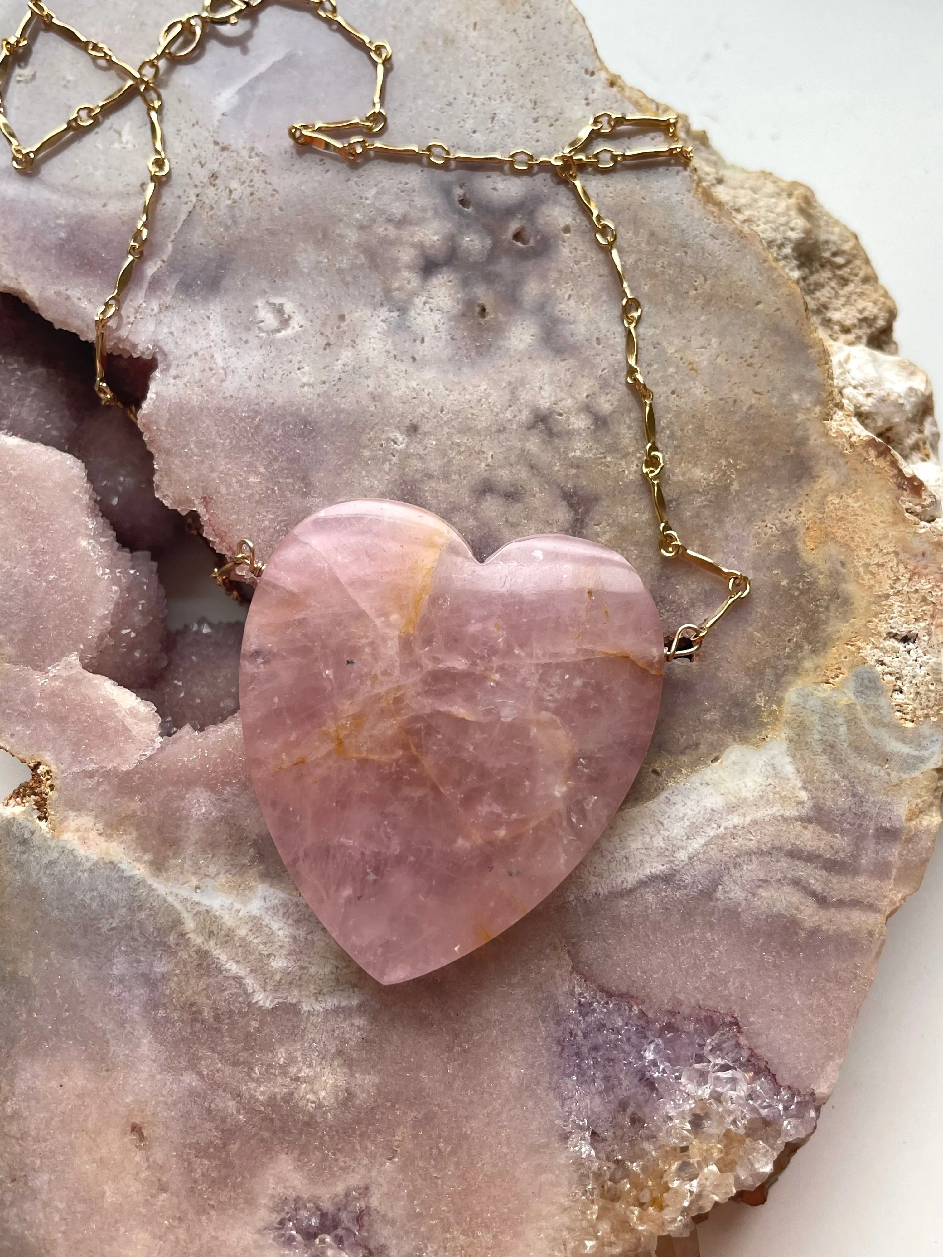 Large Rose Quartz Heart Pendant Statement Necklace 14kt gold filled