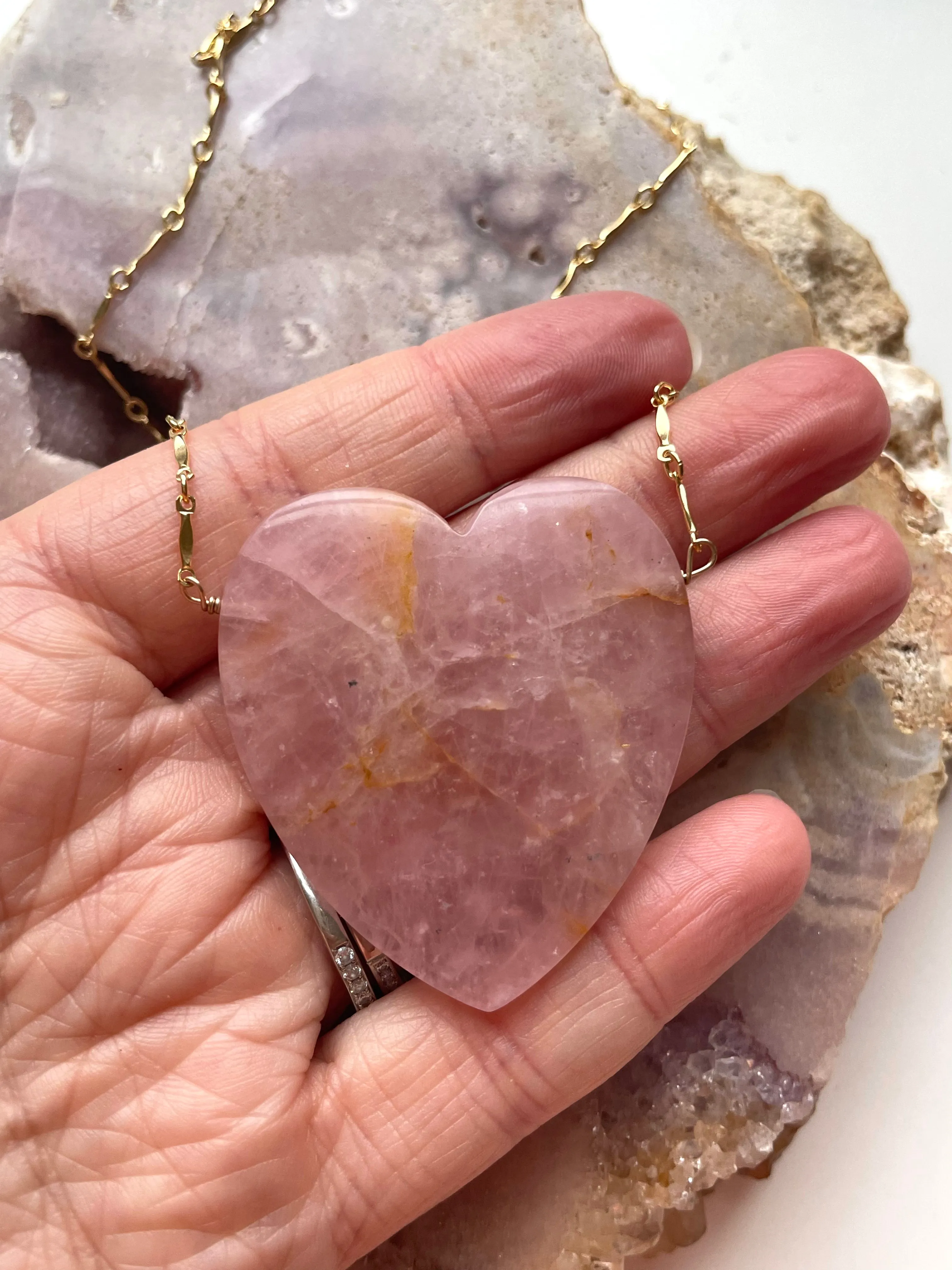 Large Rose Quartz Heart Pendant Statement Necklace 14kt gold filled