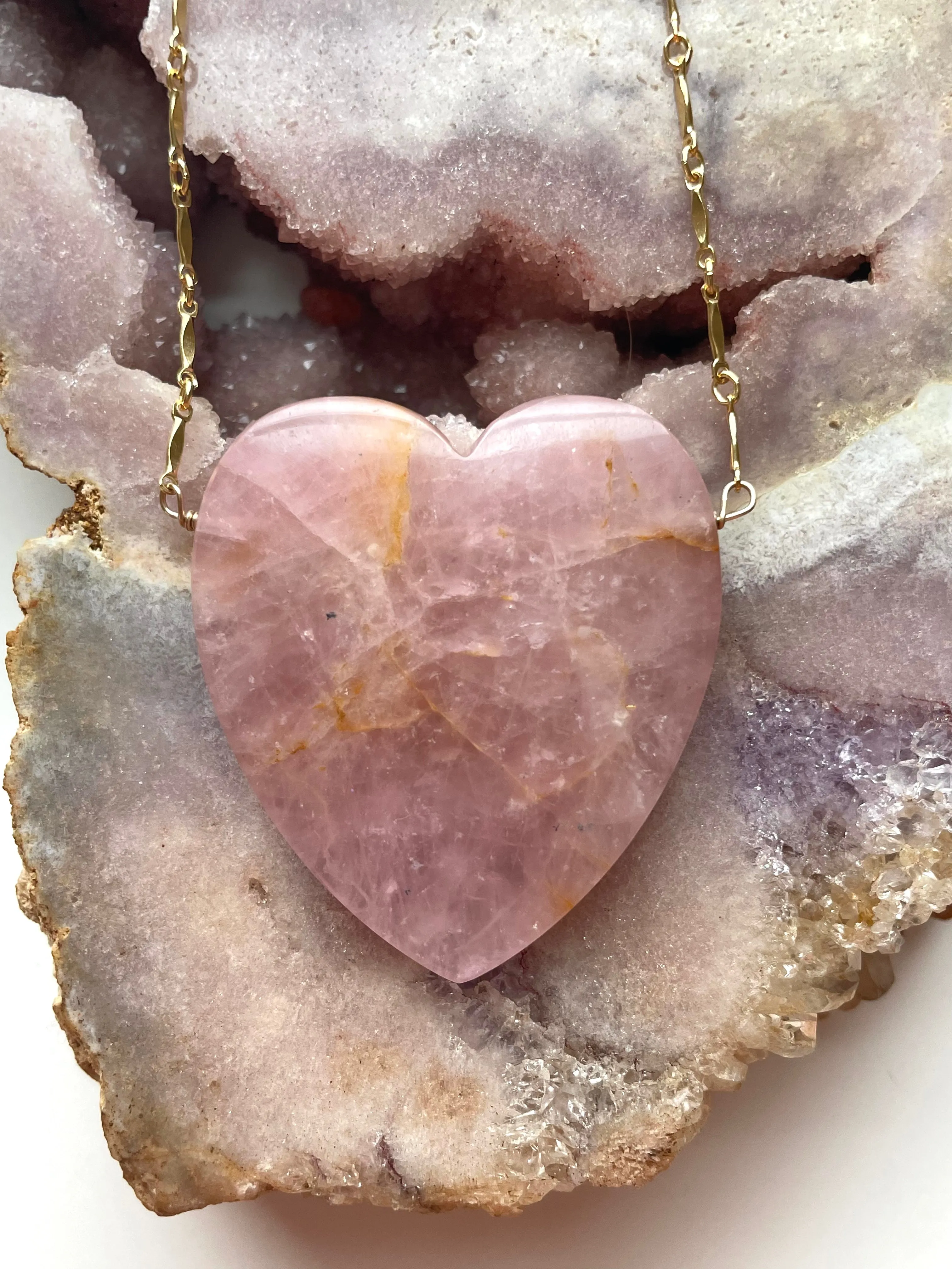 Large Rose Quartz Heart Pendant Statement Necklace 14kt gold filled