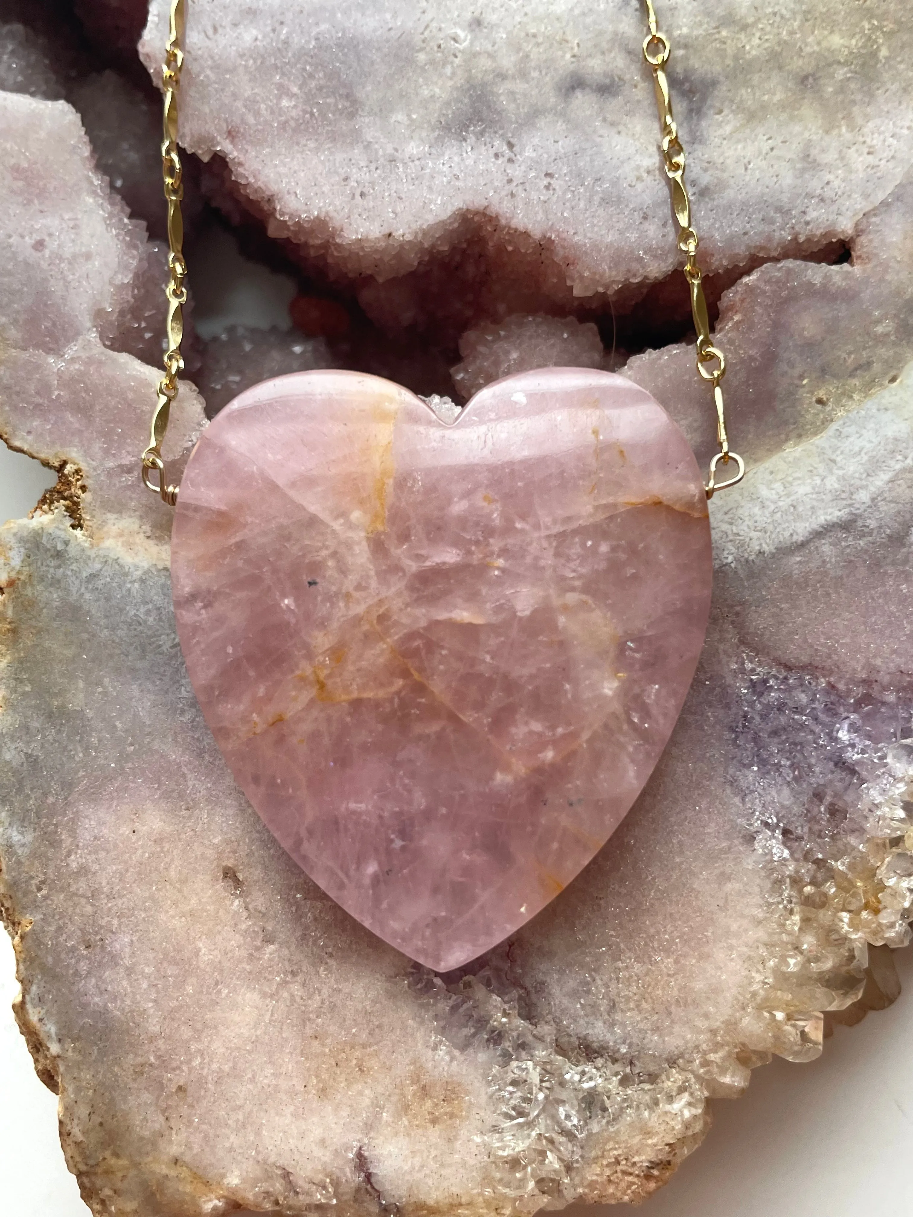 Large Rose Quartz Heart Pendant Statement Necklace 14kt gold filled