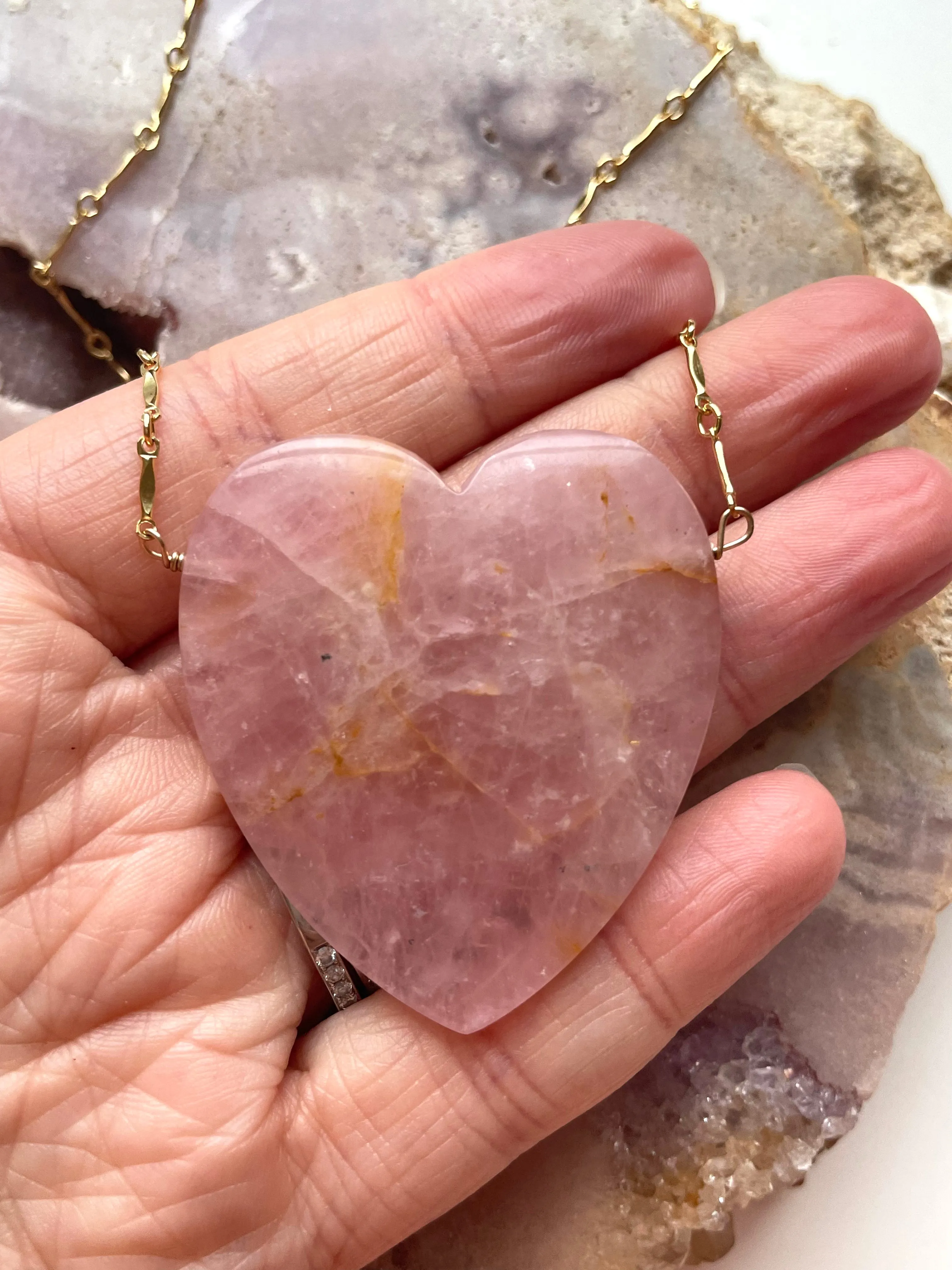 Large Rose Quartz Heart Pendant Statement Necklace 14kt gold filled