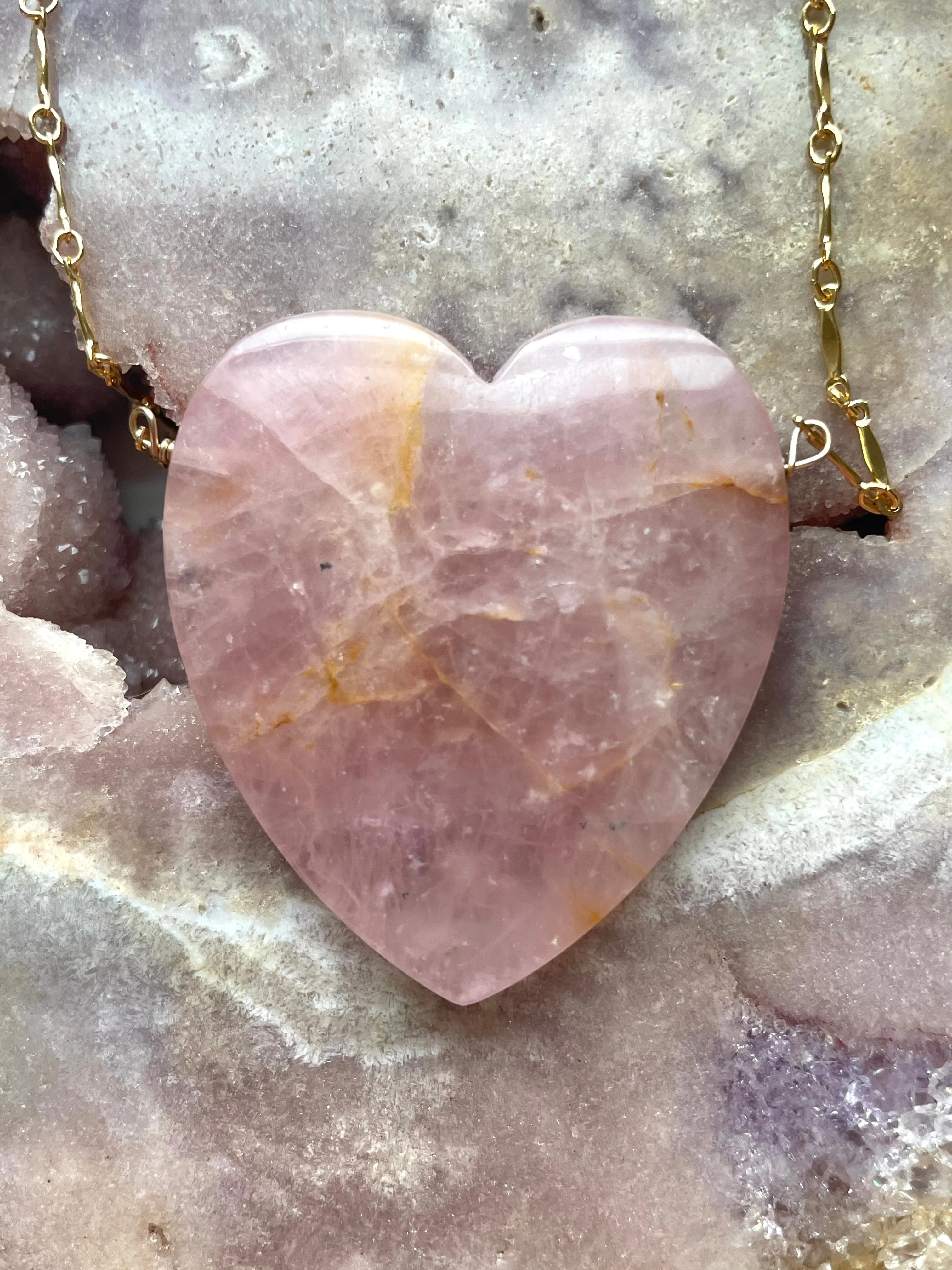 Large Rose Quartz Heart Pendant Statement Necklace 14kt gold filled