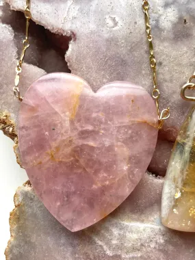 Large Rose Quartz Heart Pendant Statement Necklace 14kt gold filled