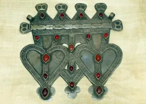 Large Silver and Carnelian Turkman Double Heart Pendant