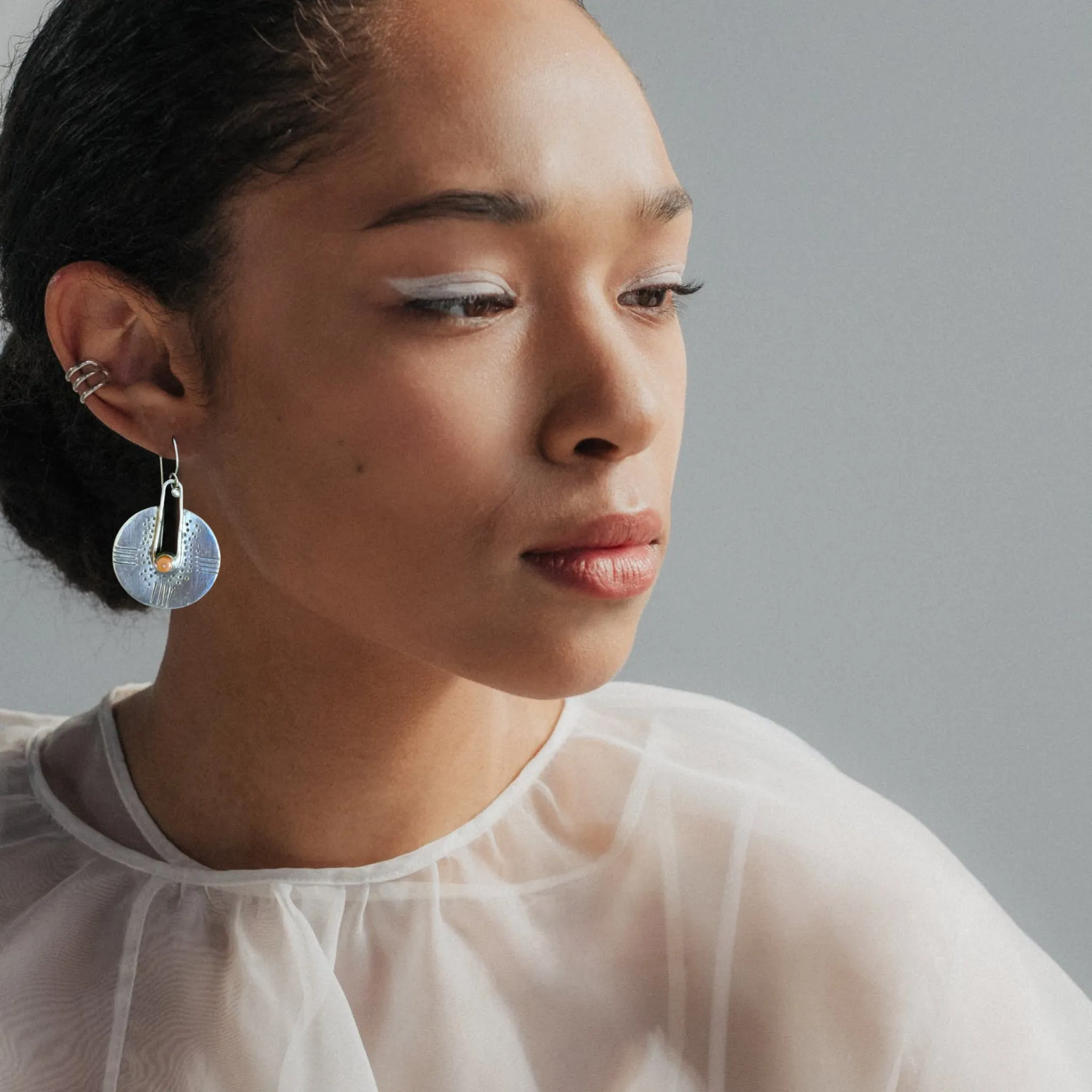 Large Silver Earrings with Coral Accent from Kyrgyzstan -"Dilara"