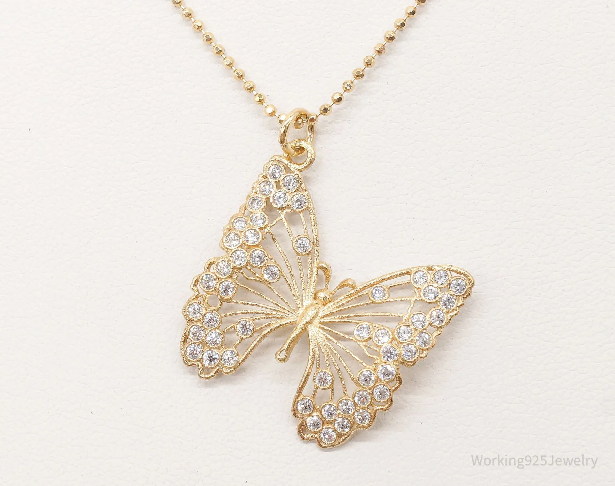 Large Vintage Butterfly Cubic Zirconia Gold Vermeil Sterling Silver Necklace