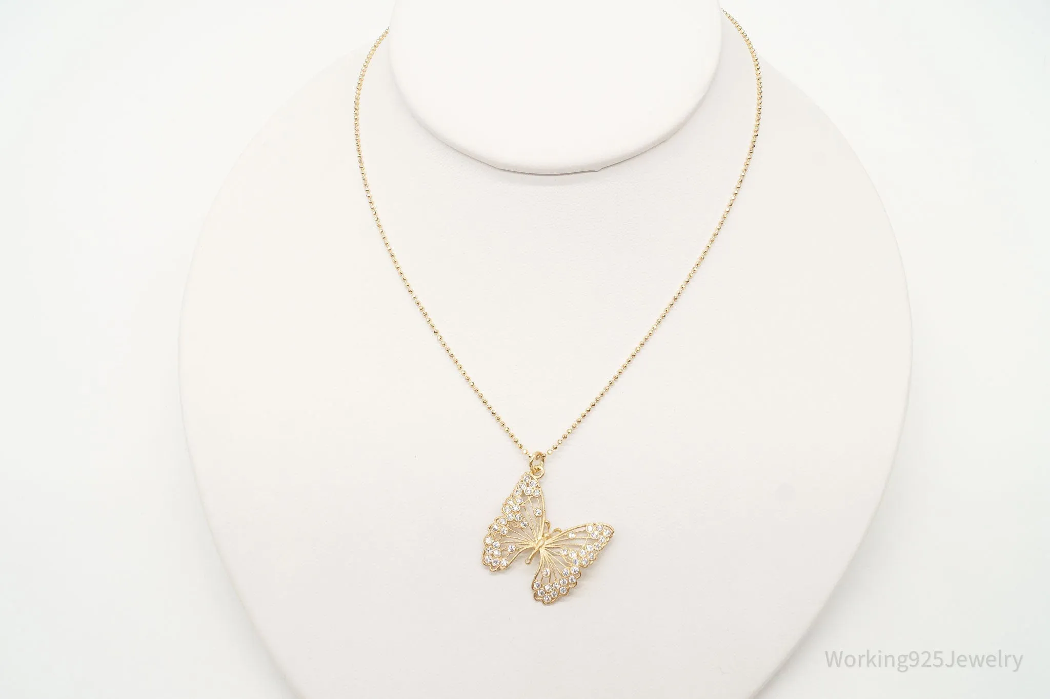 Large Vintage Butterfly Cubic Zirconia Gold Vermeil Sterling Silver Necklace