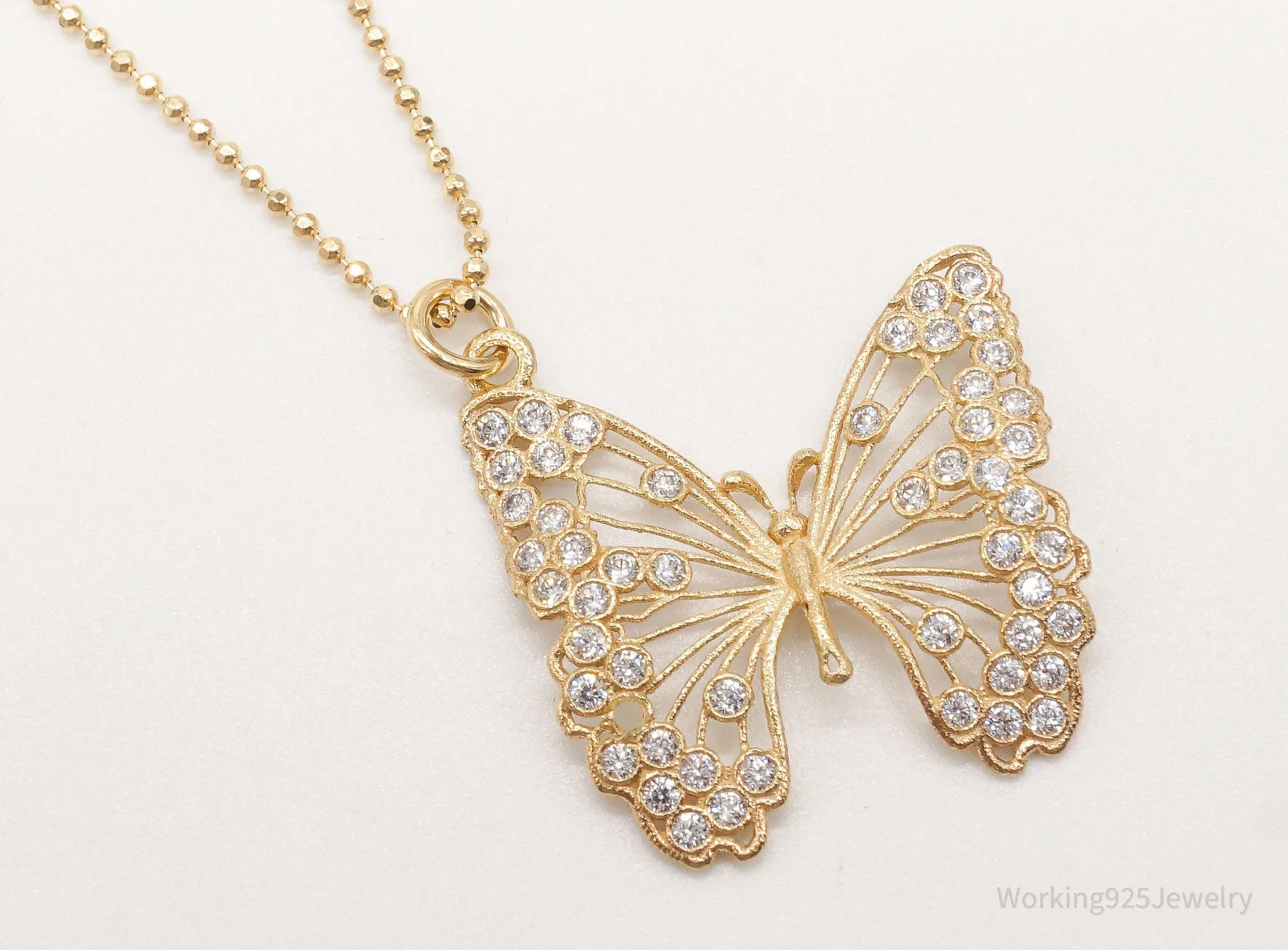 Large Vintage Butterfly Cubic Zirconia Gold Vermeil Sterling Silver Necklace