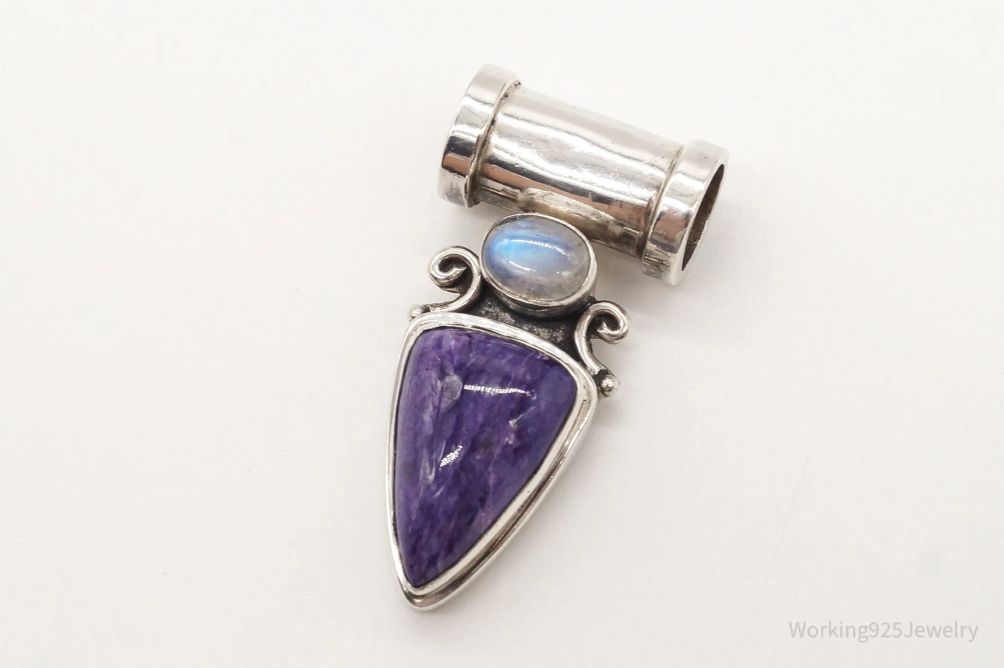 Large Vintage Charoite Moonstone Sterling Silver Pendant