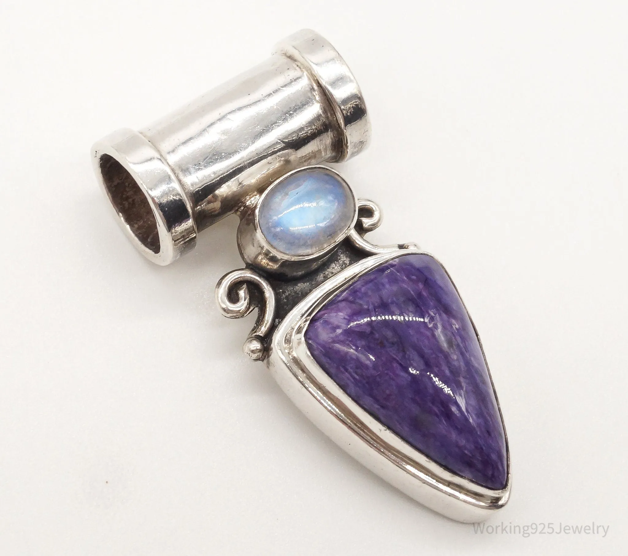 Large Vintage Charoite Moonstone Sterling Silver Pendant