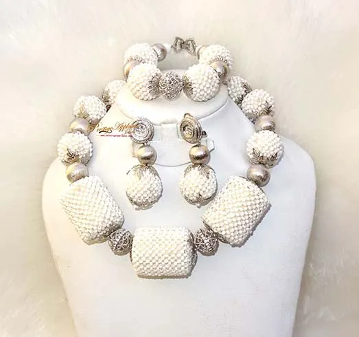 Latest Design White Bridal Wedding Beads embelished with Silver Balls Bridal Party African Nigerian Jewellery Set