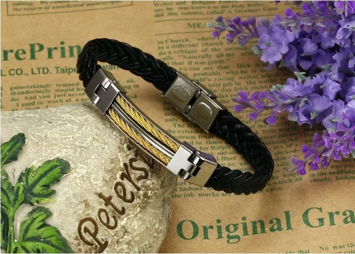 Leather Bracelets Bangles For Men's Gold Charm Style Stainless Steel Button