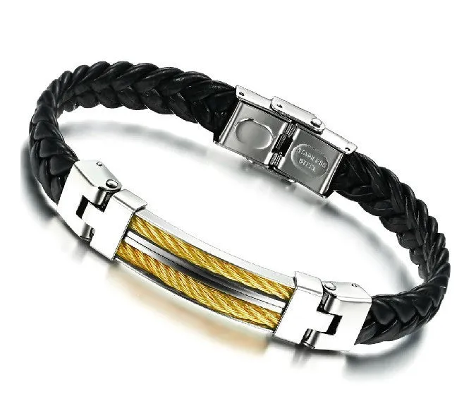 Leather Bracelets Bangles For Men's Gold Charm Style Stainless Steel Button