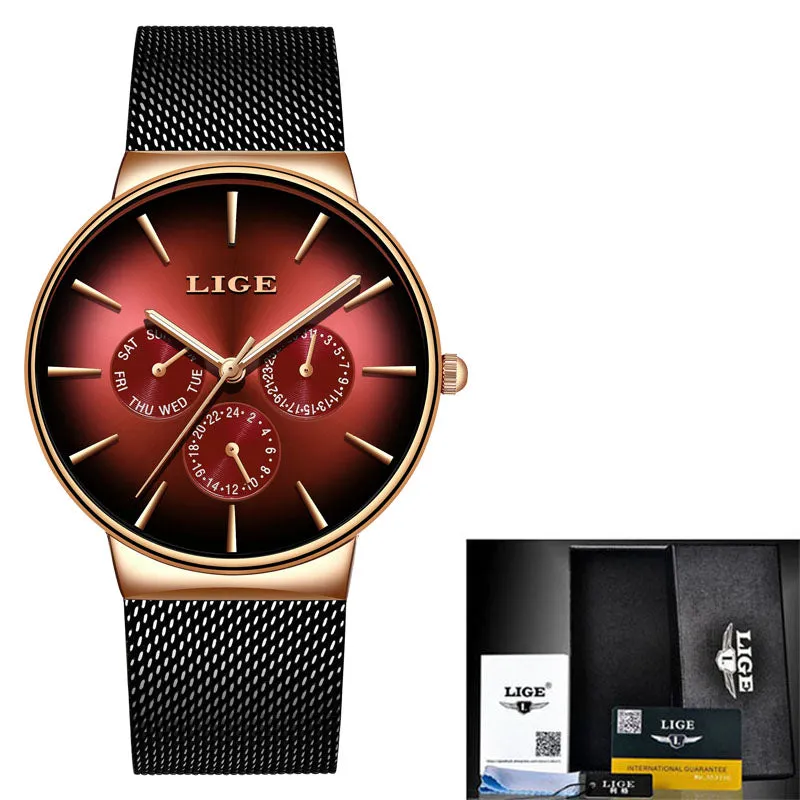 LIGE  Fashion Mens Watches Top Brand Luxury Quartz Watch Men Mesh Steel  Waterproof Ultra-thin Wristwatch For Men Sport Clock