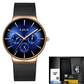 LIGE  Fashion Mens Watches Top Brand Luxury Quartz Watch Men Mesh Steel  Waterproof Ultra-thin Wristwatch For Men Sport Clock