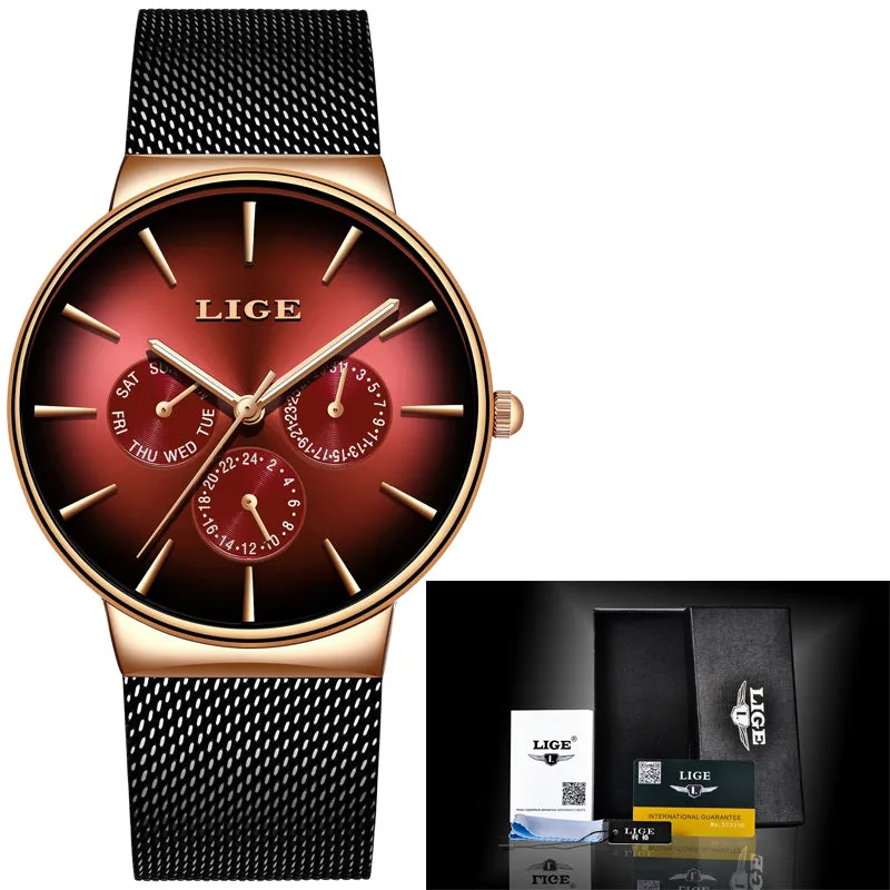 LIGE  Fashion Mens Watches Top Brand Luxury Quartz Watch Men Mesh Steel  Waterproof Ultra-thin Wristwatch For Men Sport Clock