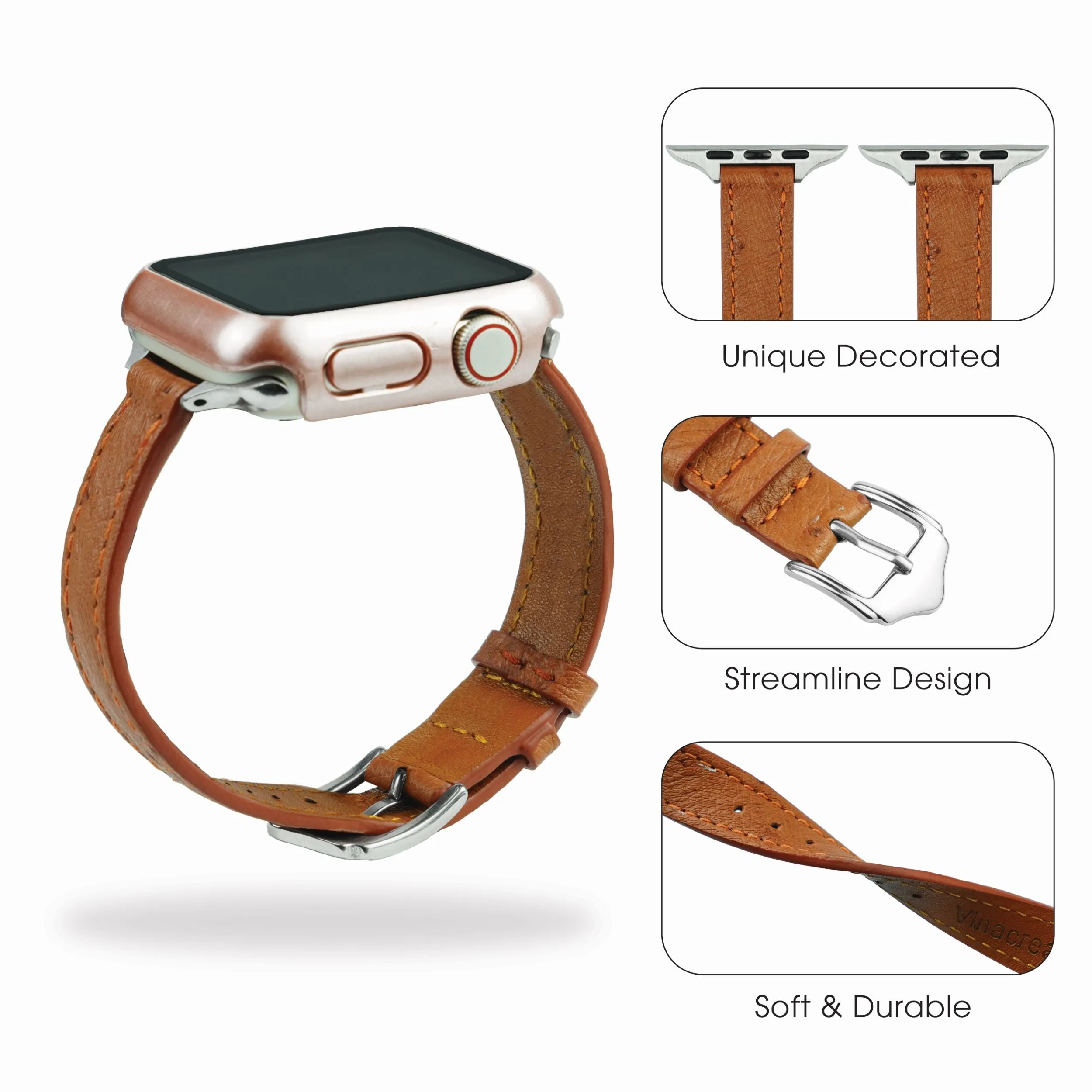 Light Brown Flat Ostrich Leather Band Compatible Apple Watch Iwatch 41mm Screen Protector Case Silver Adapter Replacement Strap For Smartwatch Series 7 8 Leather Handmade AW-186S-W-41MM