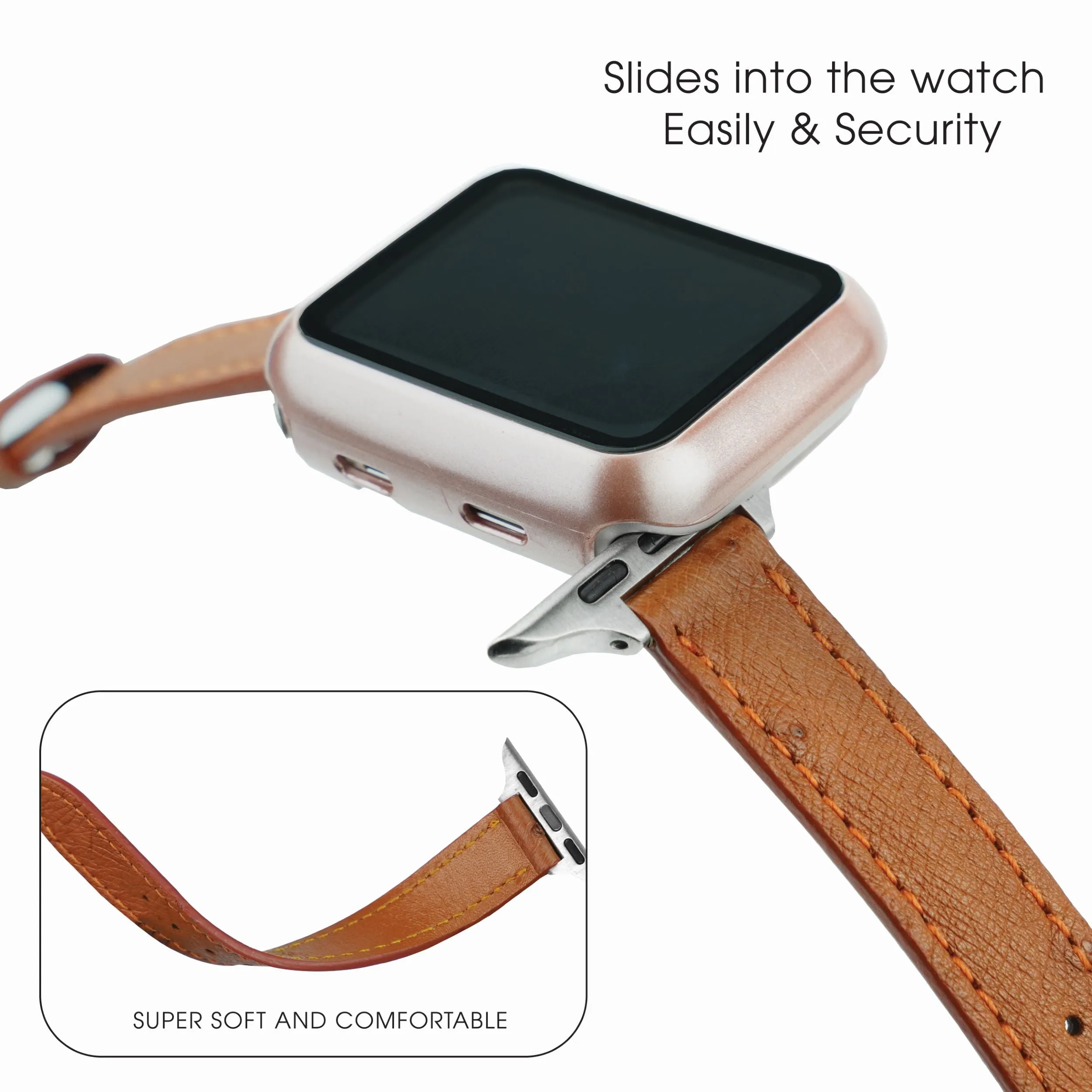 Light Brown Flat Ostrich Leather Band Compatible Apple Watch Iwatch 41mm Screen Protector Case Silver Adapter Replacement Strap For Smartwatch Series 7 8 Leather Handmade AW-186S-W-41MM