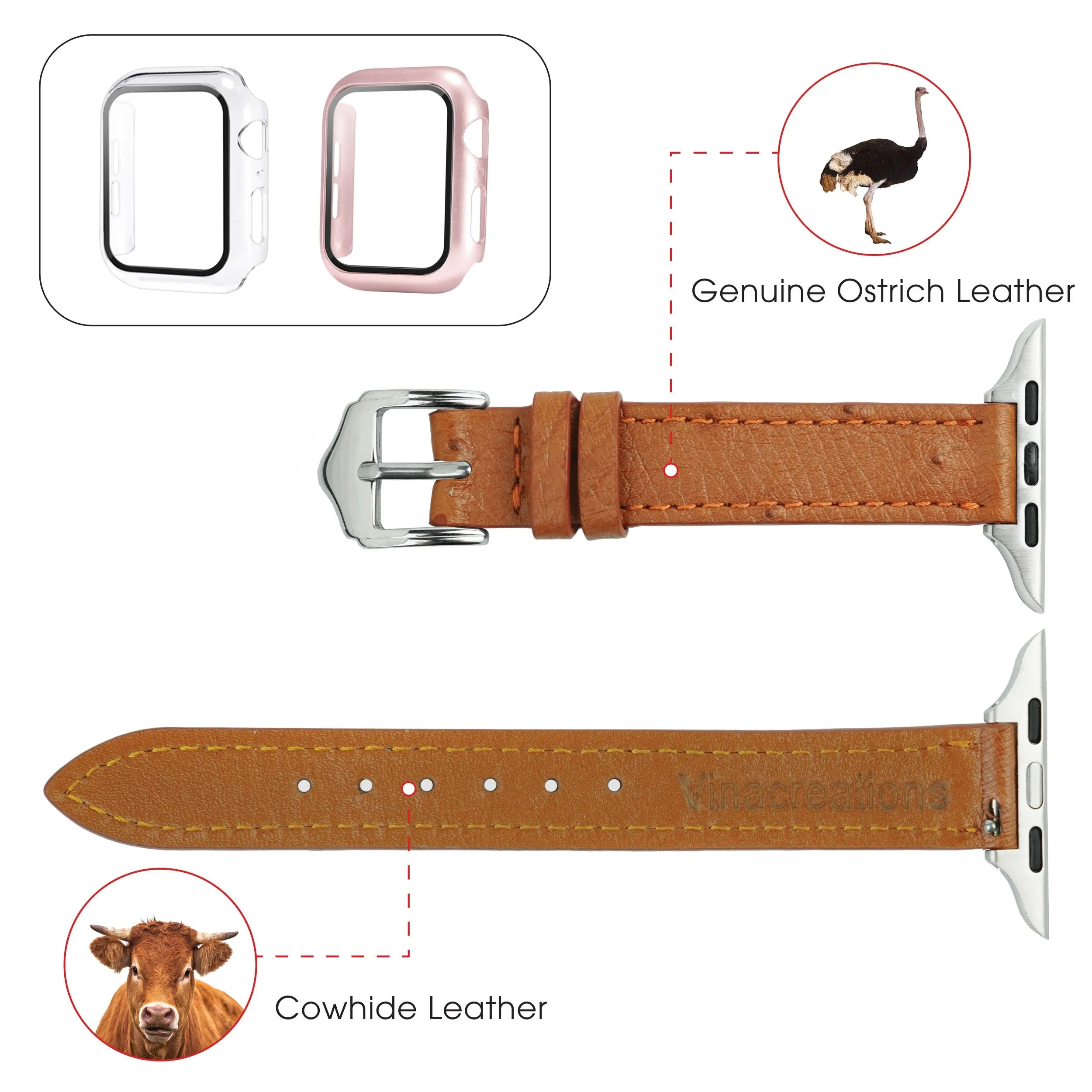 Light Brown Flat Ostrich Leather Band Compatible Apple Watch Iwatch 41mm Screen Protector Case Silver Adapter Replacement Strap For Smartwatch Series 7 8 Leather Handmade AW-186S-W-41MM