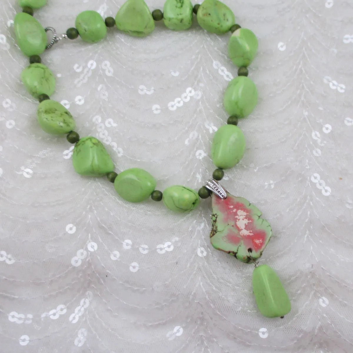 Lime Green Gemstone Nugget Necklace with Pendant