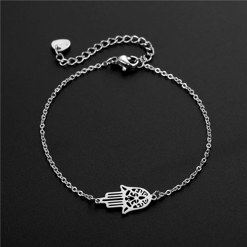 Lucky Turkish Stainless Steel Hand Hamsa Adjustable Bracelets Vintage Hand of Fatima Hand Jewelry Summer for Men Women Unisex