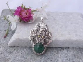 Malachite Stone Silver Pendant-Dragon Head Pendant