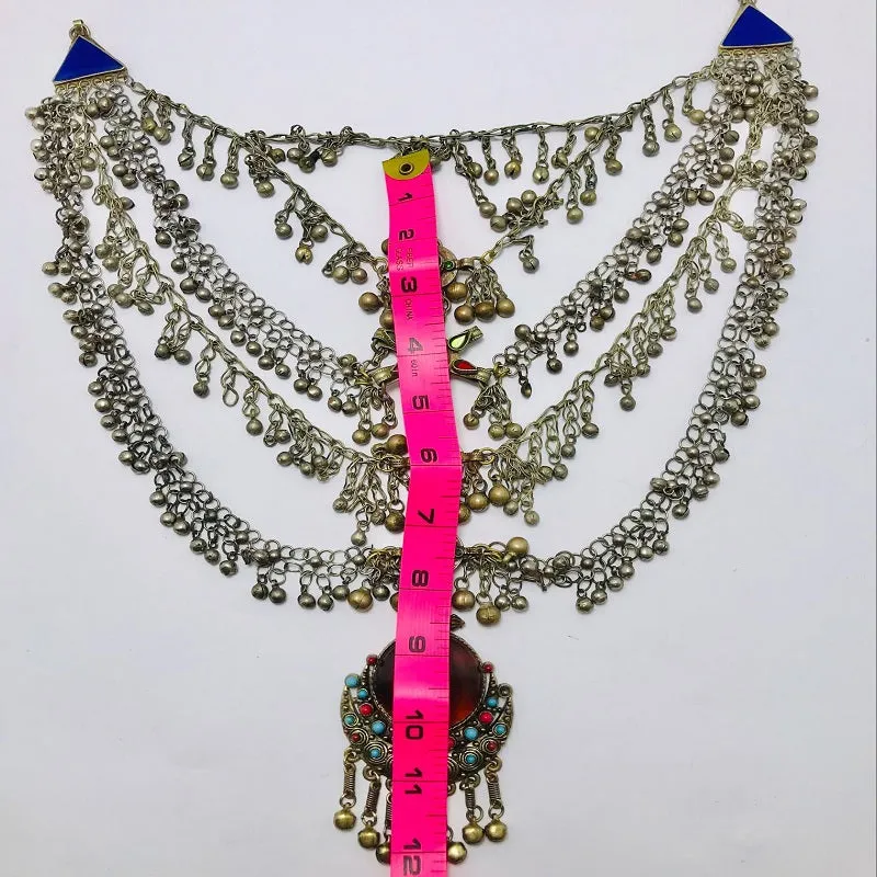 Massive Silver Kuchi Bib Necklace With Dangling Bells and Glass Stones