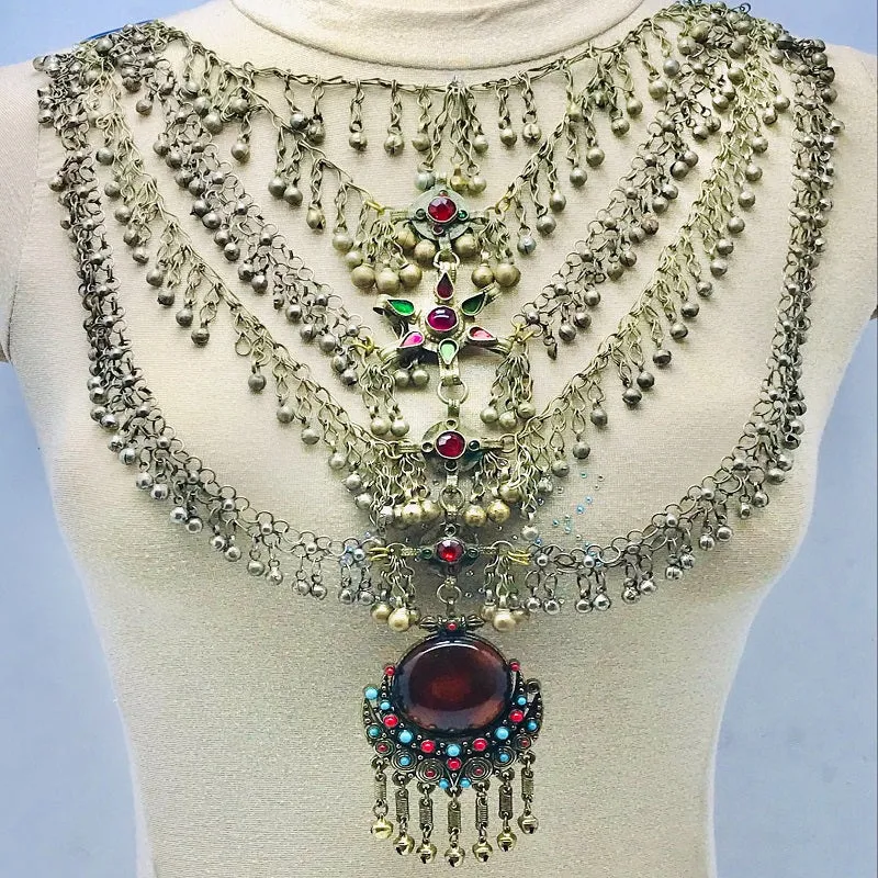 Massive Silver Kuchi Bib Necklace With Dangling Bells and Glass Stones