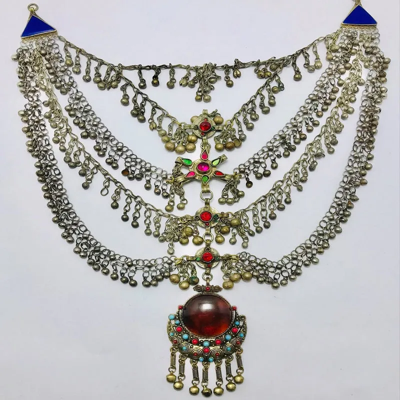 Massive Silver Kuchi Bib Necklace With Dangling Bells and Glass Stones