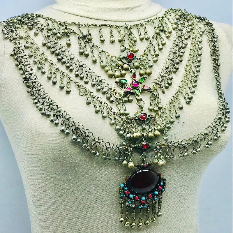 Massive Silver Kuchi Bib Necklace With Dangling Bells and Glass Stones