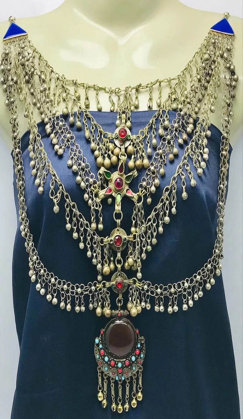 Massive Silver Kuchi Bib Necklace With Dangling Bells and Glass Stones