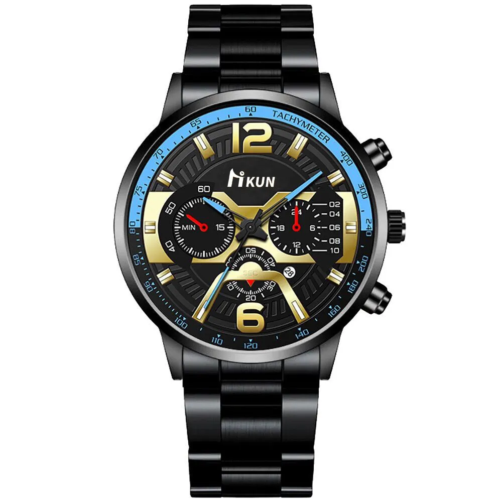 Men's Steel Strap Watch Fake Three Eyes with Calendar Double Scale Quartz Watch