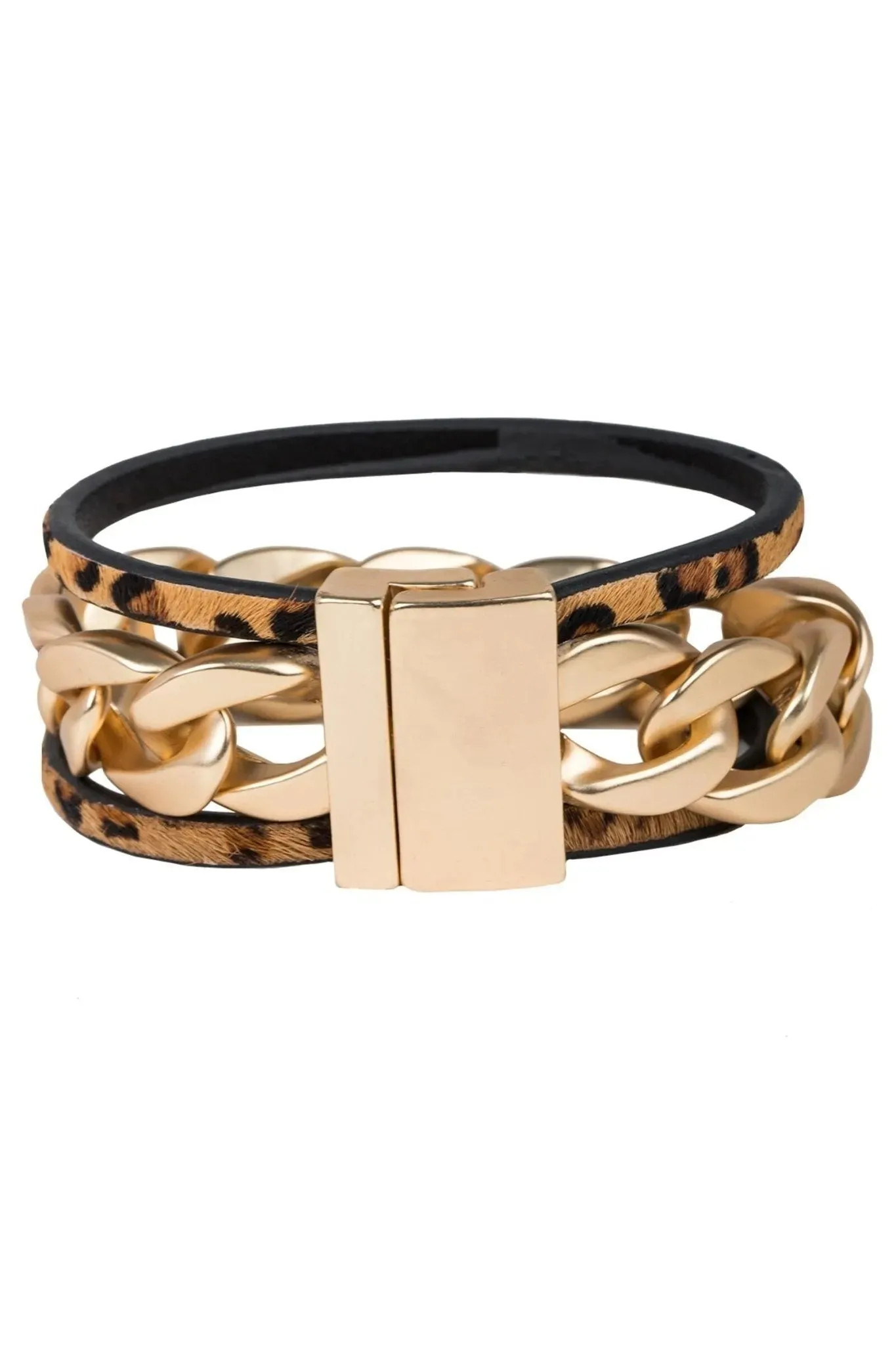 Metal Chain Link Leather Bracelet