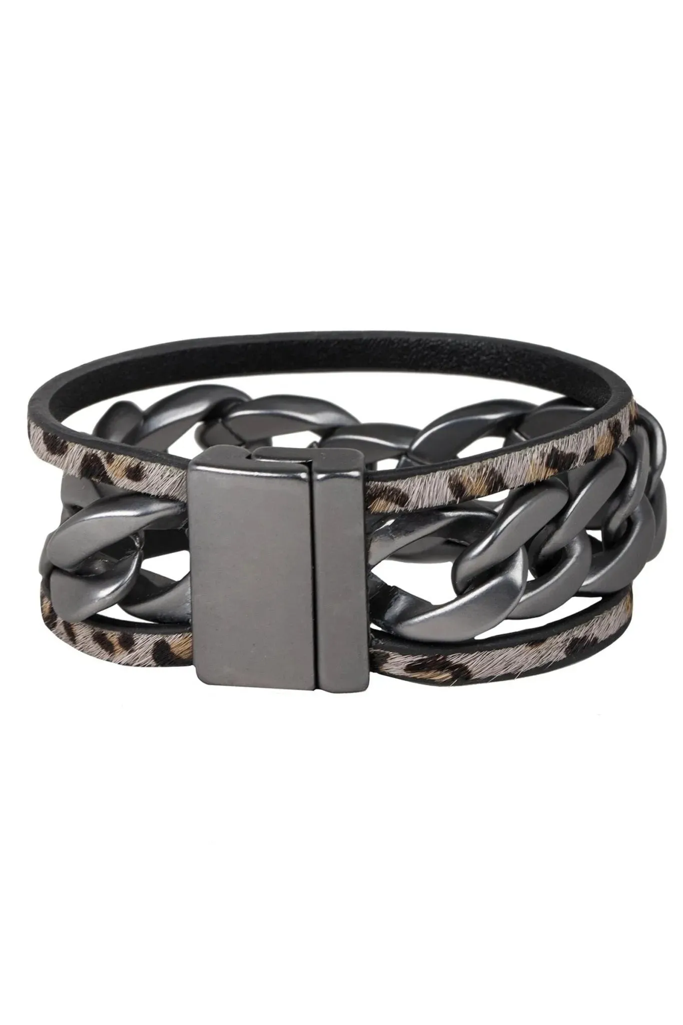 Metal Chain Link Leather Bracelet