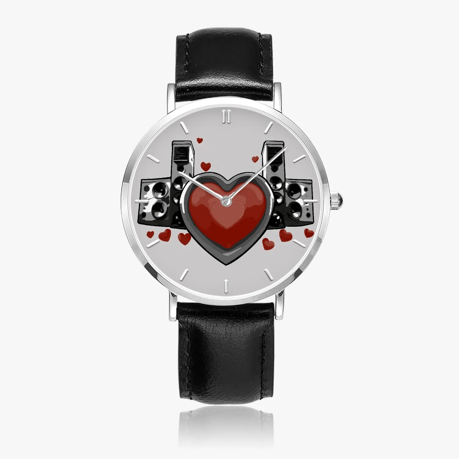 Montre à Quartz avec bracelet en cuir ultra-fin (Argent avec indicateurs) "Coeur et haut-parleurs" (165)