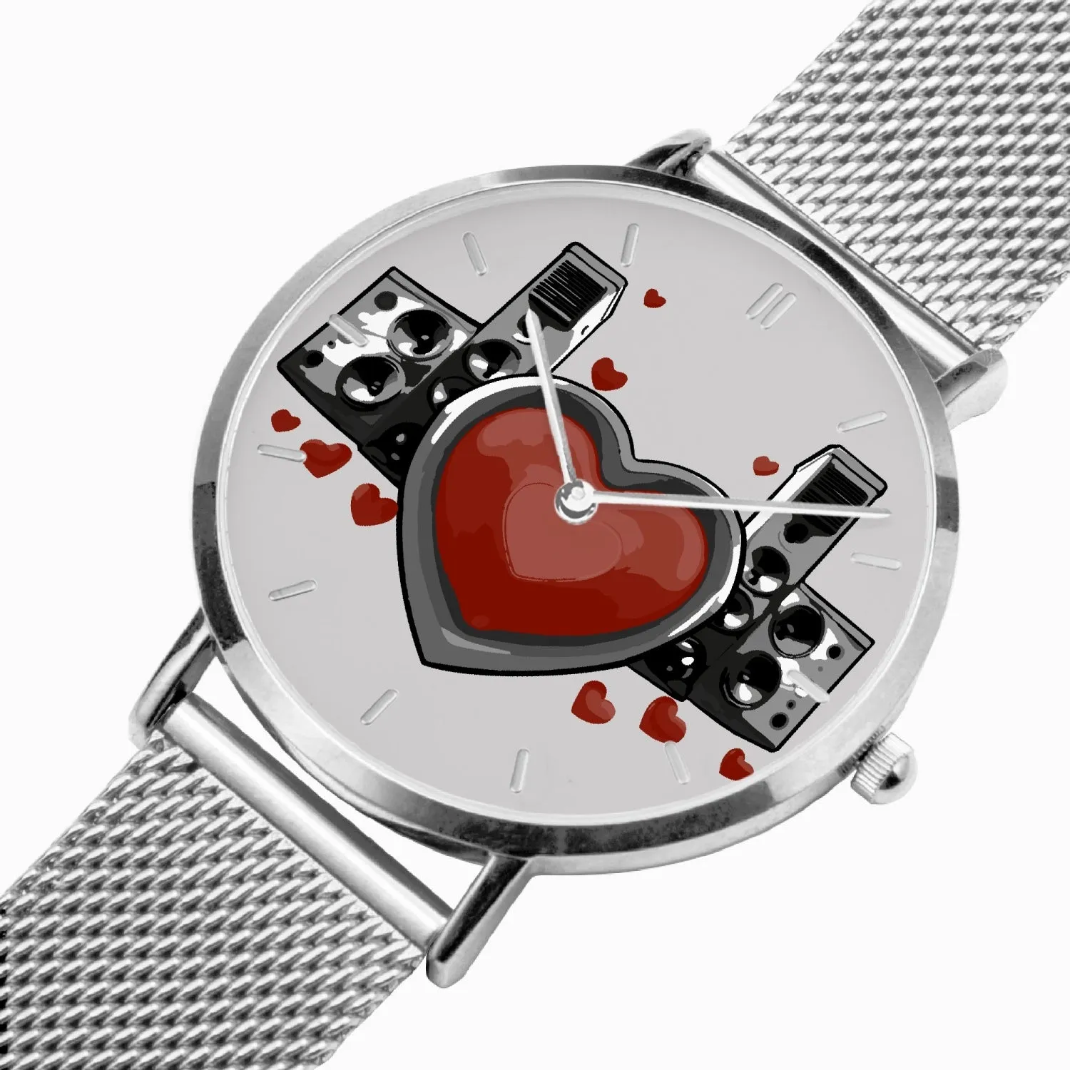 Montre à Quartz avec bracelet en cuir ultra-fin (Argent avec indicateurs) "Coeur et haut-parleurs" (165)