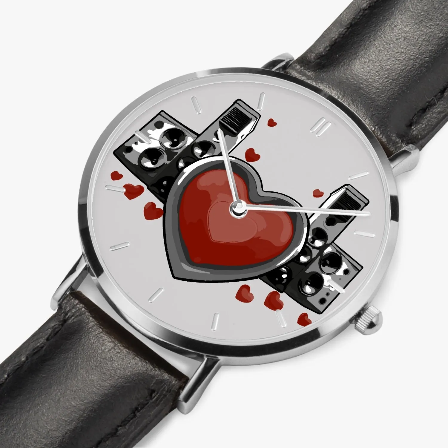 Montre à Quartz avec bracelet en cuir ultra-fin (Argent avec indicateurs) "Coeur et haut-parleurs" (165)