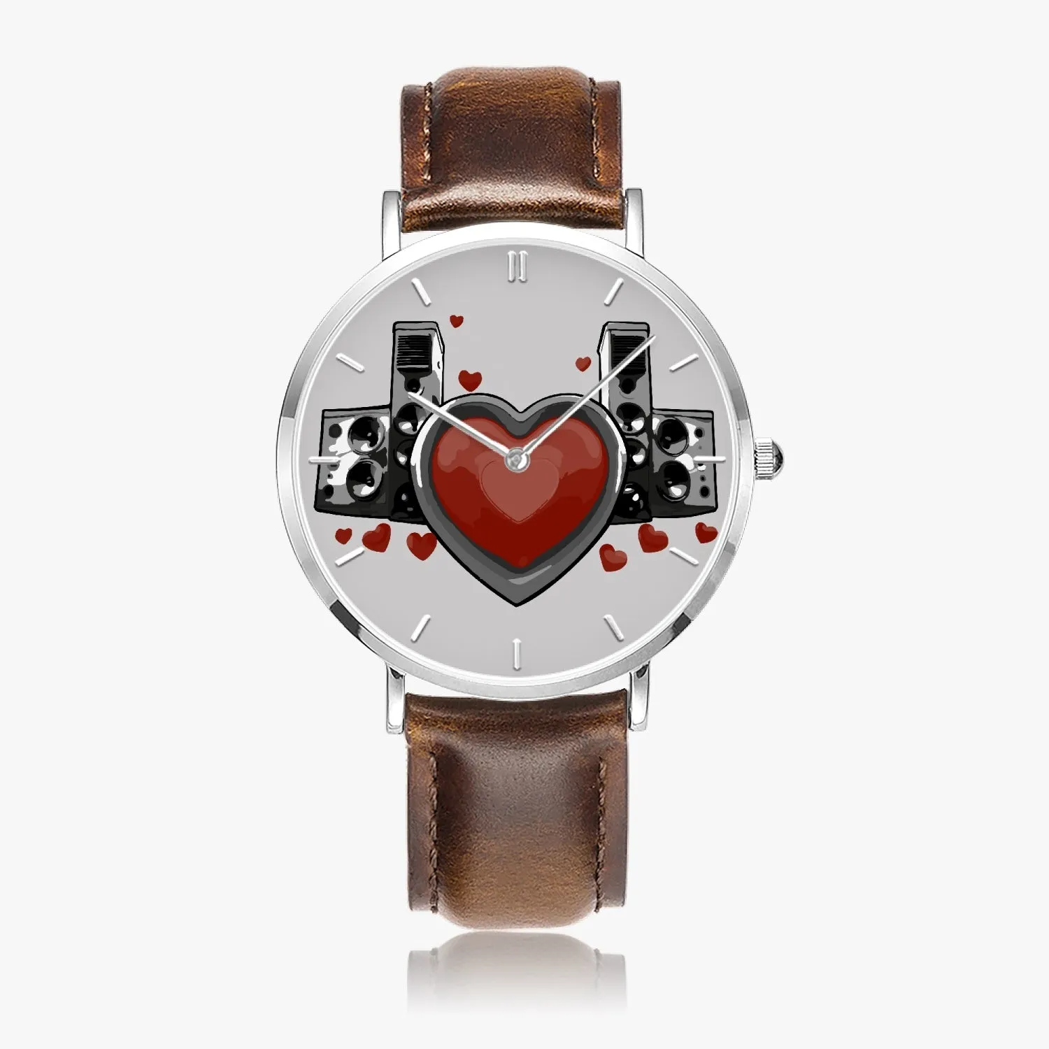 Montre à Quartz avec bracelet en cuir ultra-fin (Argent avec indicateurs) "Coeur et haut-parleurs" (165)