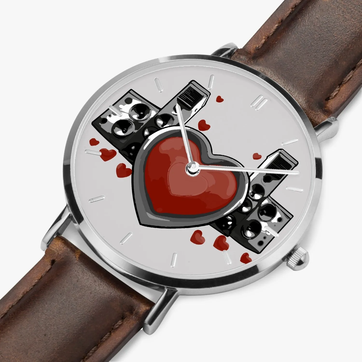 Montre à Quartz avec bracelet en cuir ultra-fin (Argent avec indicateurs) "Coeur et haut-parleurs" (165)