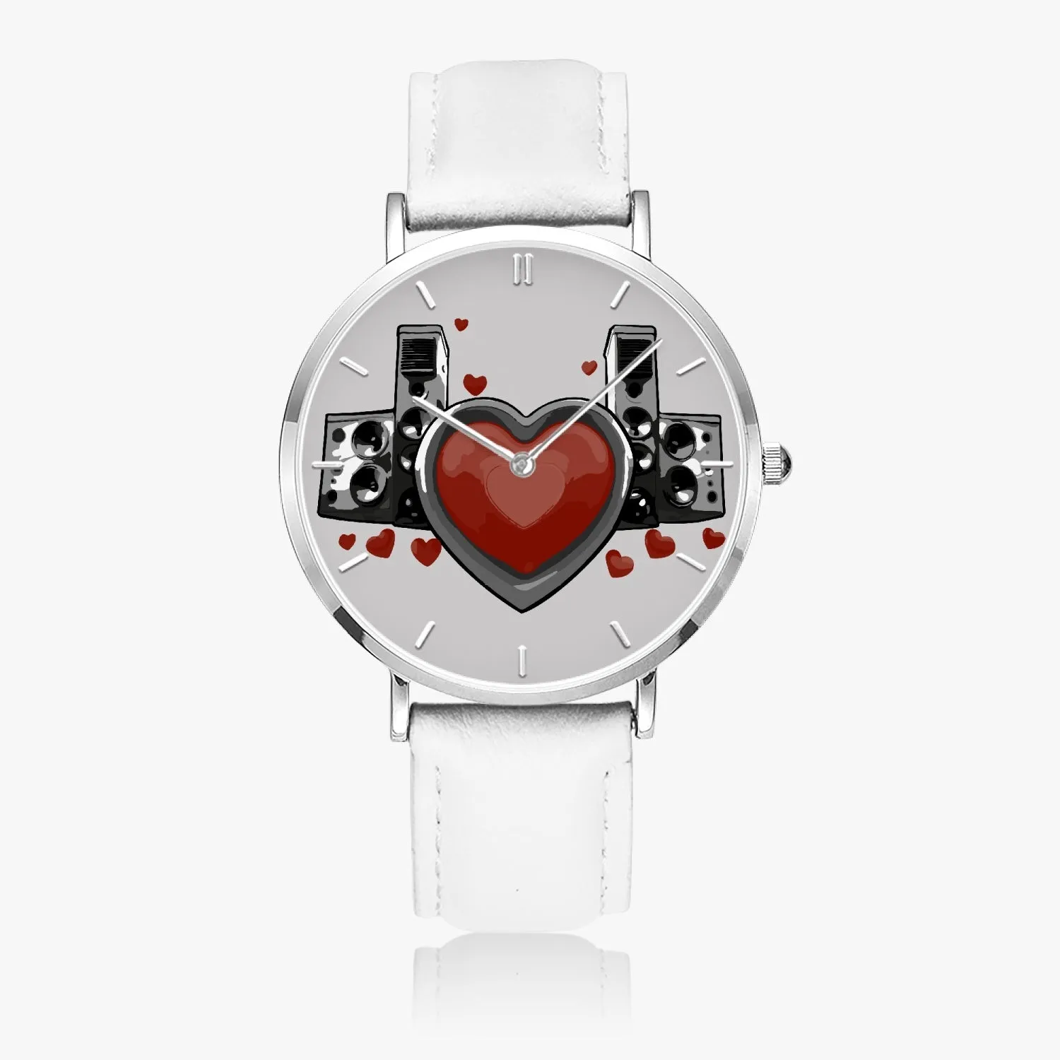 Montre à Quartz avec bracelet en cuir ultra-fin (Argent avec indicateurs) "Coeur et haut-parleurs" (165)