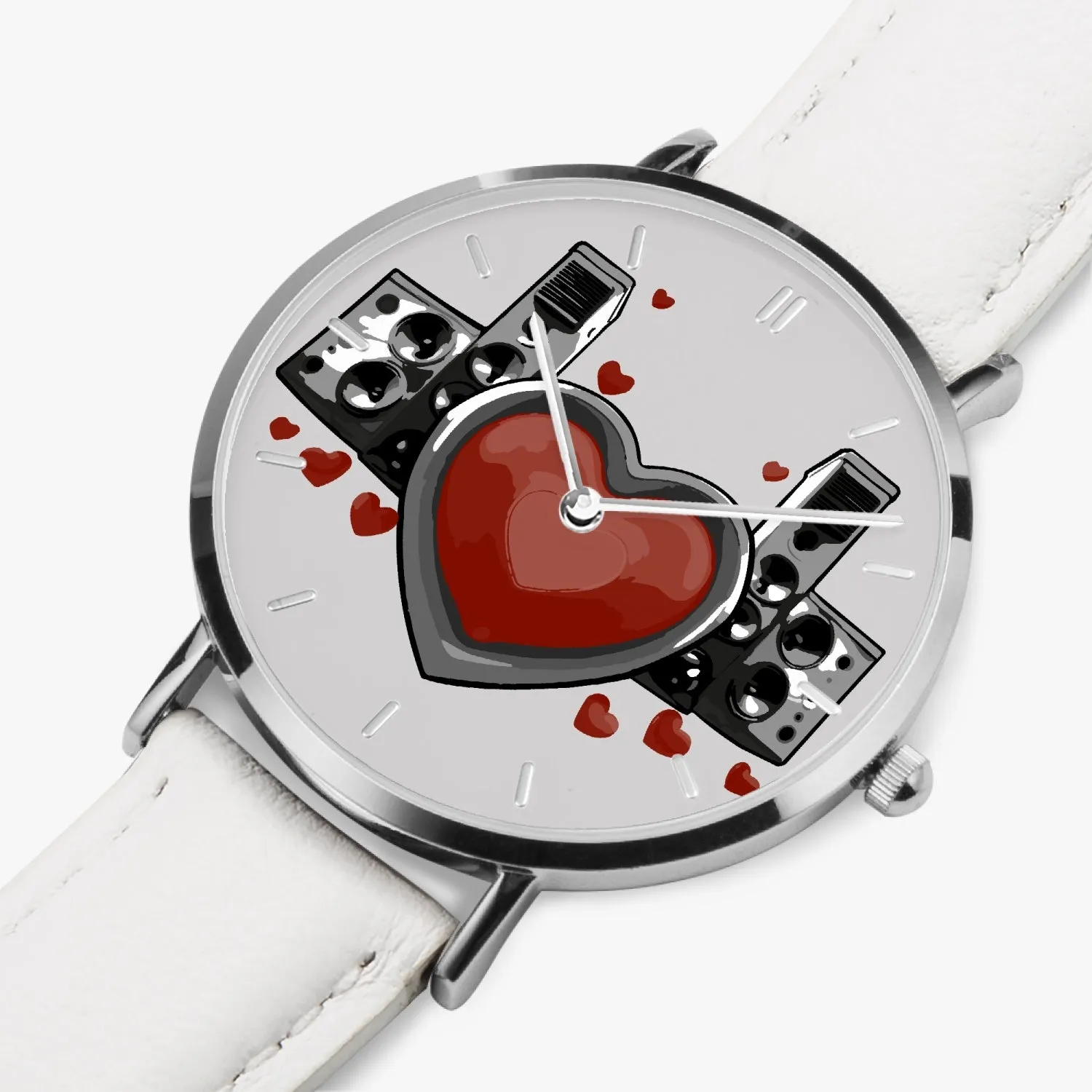 Montre à Quartz avec bracelet en cuir ultra-fin (Argent avec indicateurs) "Coeur et haut-parleurs" (165)