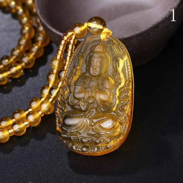 Natural Citrine BUDDHA Deity GUARDIAN Abundance Pendant Necklace