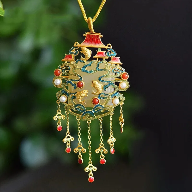 Natural Hetian Jade Temple Coy Fish Tassel Pendant Necklace