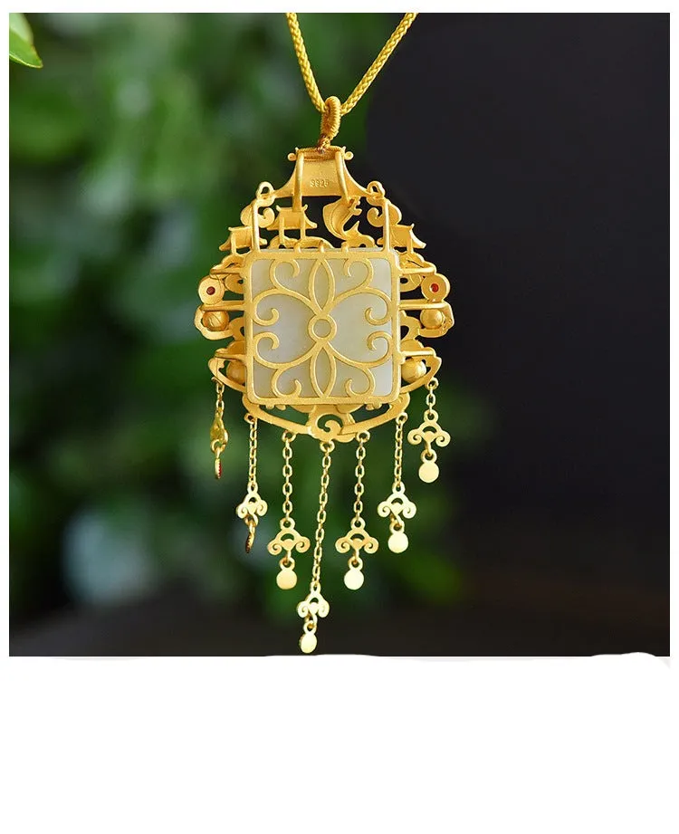 Natural Hetian Jade Temple Coy Fish Tassel Pendant Necklace