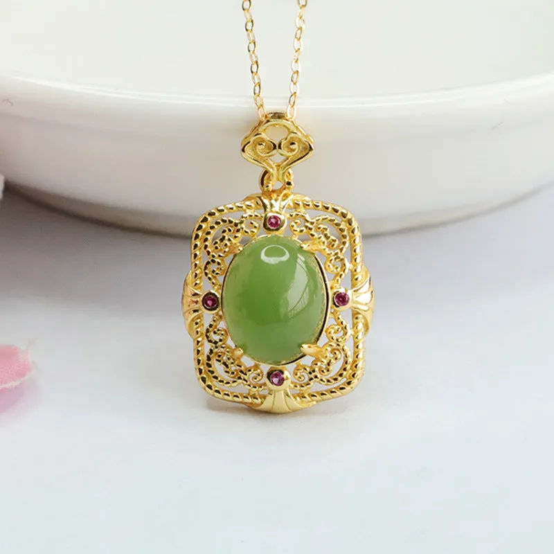 Natural Hotan Jade and Russian Jasper Necklace with Sterling Silver Pendant